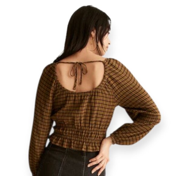 Madewell Tie-Back Cutout Puff Sleeve Top in Plaid in Spiced Olive size S EUC - Picture 4 of 16